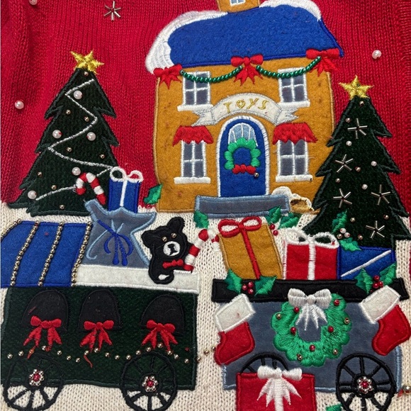 Vintage Christmas Cardigan Sweater North Pole Train Toys Ugly Side Medium Beaded - Picture 7 of 7